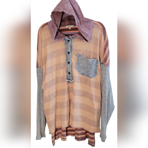 Oli & Hali Mineral Washed Striped Oversized Patchwork Hooded Top Size M - Picture 1 of 11